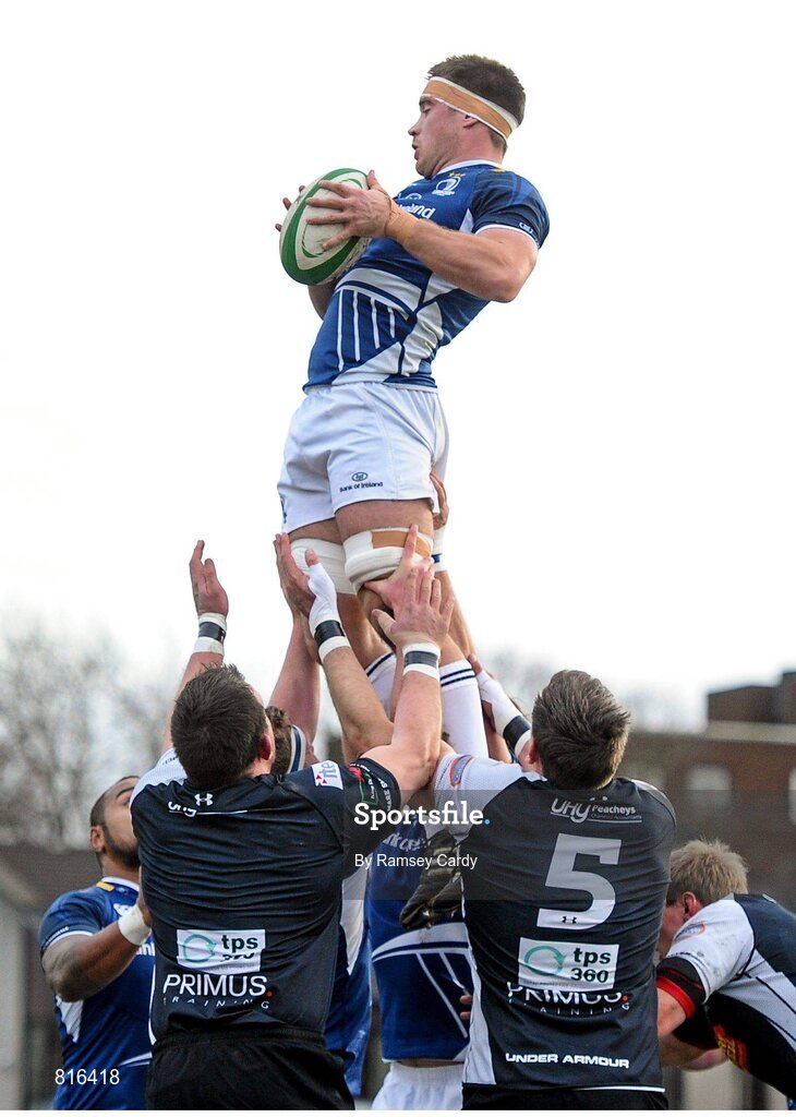 7 December 2013; Dominic Ryan, Leinster 'A', wins possession for his side in a lineout. British & Irish Cup, Leinster 'A' v Cross Keys, Donnybrook Stadium, Donnybrook, Dublin. Picture credit: Ramsey Cardy / SPORTSFILE