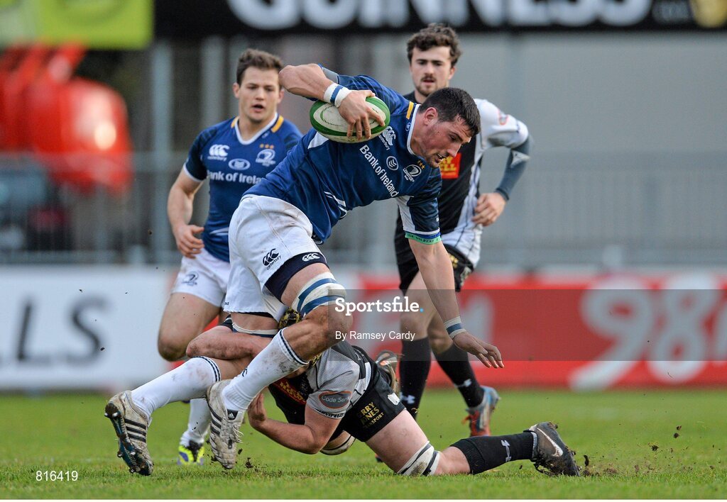 7 December 2013; Ben Marshall, Leinster 'A', is tackled by Scott Matthews, Cross Keys. British & Irish Cup, Leinster 'A' v Cross Keys, Donnybrook Stadium, Donnybrook, Dublin. Picture credit: Ramsey Cardy / SPORTSFILE