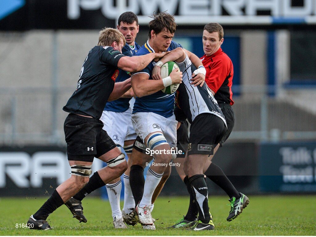 7 December 2013; Quinn Roux, Leinster 'A', is tackled by Jevon Groves, left, and Ryan James, Cross Keys. British & Irish Cup, Leinster 'A' v Cross Keys, Donnybrook Stadium, Donnybrook, Dublin. Picture credit: Ramsey Cardy / SPORTSFILE