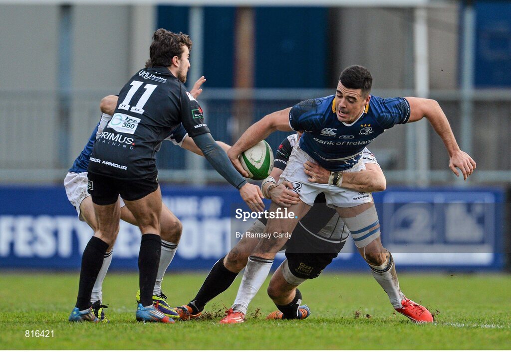 7 December 2013; Jordan Coghlan, Leinster 'A', is tackled by Adam Powell, Cross Keys. British & Irish Cup, Leinster 'A' v Cross Keys, Donnybrook Stadium, Donnybrook, Dublin. Picture credit: Ramsey Cardy / SPORTSFILE