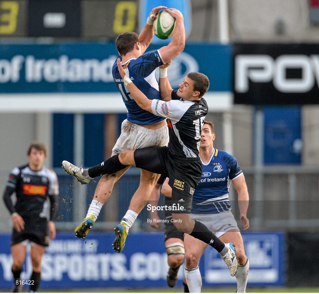 7 December 2013; Darren Hudson, Leinster 'A', is tackled by Dorian Jones, Cross Keys. British & Irish Cup, Leinster 'A' v Cross Keys, Donnybrook Stadium, Donnybrook, Dublin. Picture credit: Ramsey Cardy / SPORTSFILE