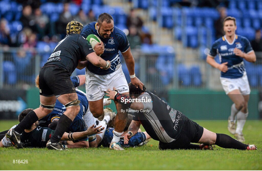 7 December 2013; Leo Auva'a, Leinster 'A', is tackled by Scott Matthews, left, and Anthony Lott, Cross Keys. British & Irish Cup, Leinster 'A' v Cross Keys, Donnybrook Stadium, Donnybrook, Dublin. Picture credit: Ramsey Cardy / SPORTSFILE