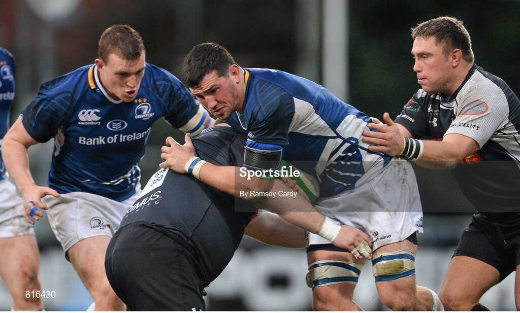 7 December 2013; Ben Marshall, Leinster 'A', is tackled by Craig Gould, left, and Gerwyn Price, Cross Keys. British & Irish Cup, Leinster 'A' v Cross Keys, Donnybrook Stadium, Donnybrook, Dublin. Picture credit: Ramsey Cardy / SPORTSFILE
