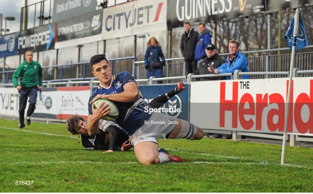 7 December 2013; Jordan Coghlan, Leinster 'A', scores his sides third try. British & Irish Cup, Leinster 'A' v Cross Keys, Donnybrook Stadium, Donnybrook, Dublin. Picture credit: Ramsey Cardy / SPORTSFILE