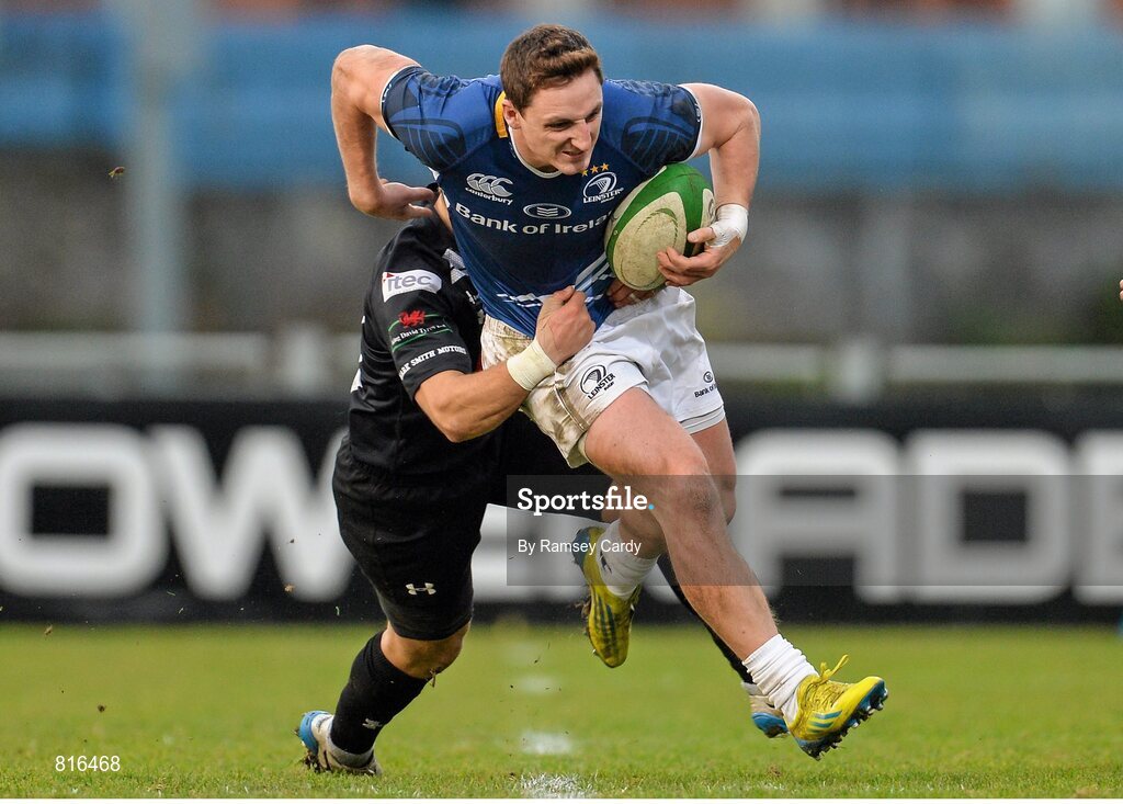 7 December 2013; Darren Hudson, Leinster 'A', is tackled by Kristian Baller, Cross Keys. British & Irish Cup, Leinster 'A' v Cross Keys, Donnybrook Stadium, Donnybrook, Dublin. Picture credit: Ramsey Cardy / SPORTSFILE