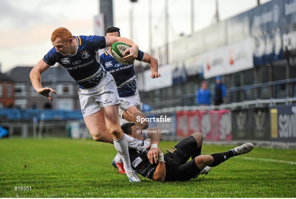 7 December 2013; Darragh Fanning, Leinster 'A', is tackled by Kristian Baller, Cross Keys. British & Irish Cup, Leinster 'A' v Cross Keys, Donnybrook Stadium, Donnybrook, Dublin. Picture credit: Ramsey Cardy / SPORTSFILE