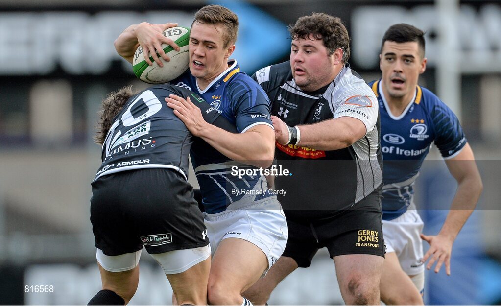 7 December 2013; Sam Coghlan Murray, Leinster 'A', is tackled by Tom Lampard, Cross Keys. British & Irish Cup, Leinster 'A' v Cross Keys, Donnybrook Stadium, Donnybrook, Dublin. Picture credit: Ramsey Cardy / SPORTSFILE