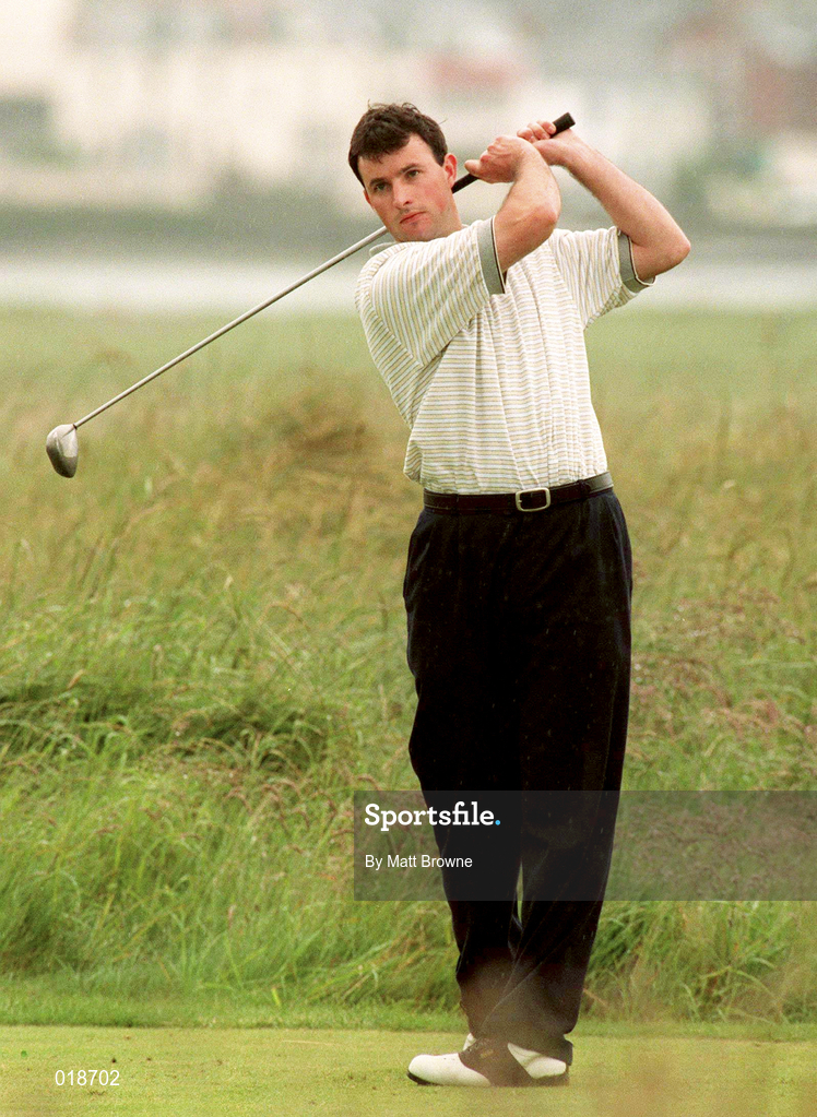13 June 1998; Chris Moriarty of Clandeboye Golf Club tees off from the 17th during the Irish Amateur Close Golf Championship, sponsored by Bank of Ireland, at The Island Golf Club in Donabate, Dublin. Photo by Matt Browne/Sportsfile