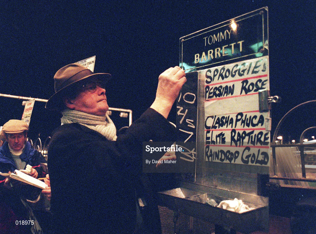 18 January 1997; A bookmaker prepares his board during a greyhound racing meeting at Shelbourne Park in Dublin. Photo by David Maher/Sportsfile