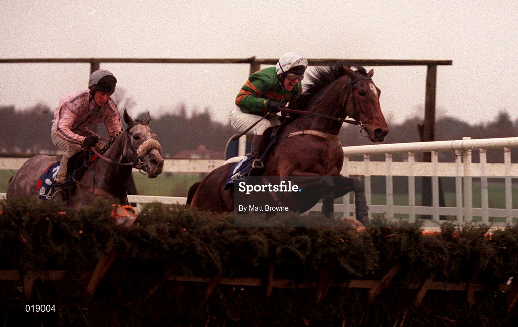 29 December 1998; Istabraq, with Charlie Swan up, jump the last on their way to winning the AIB Agri-Business December Festival Hurdle, from Shantarini, with Kieran Gaule up, who finished second, during day four of the Christmas Festival at Leopardstown Racecourse in Dublin. Photo by Matt Browne/Sportsfile