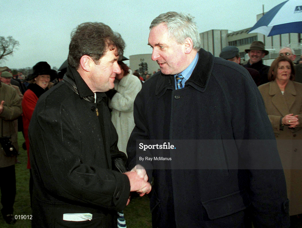 24 January 1999, An Taoiseach Bertie Ahern TD congratulated owner JP McManus after he sent out Istabraq to win the AIG Europe Champion Hurdle at Leopardstown Racecourse in Dublin. Photo by Ray McManus/Sportsfile