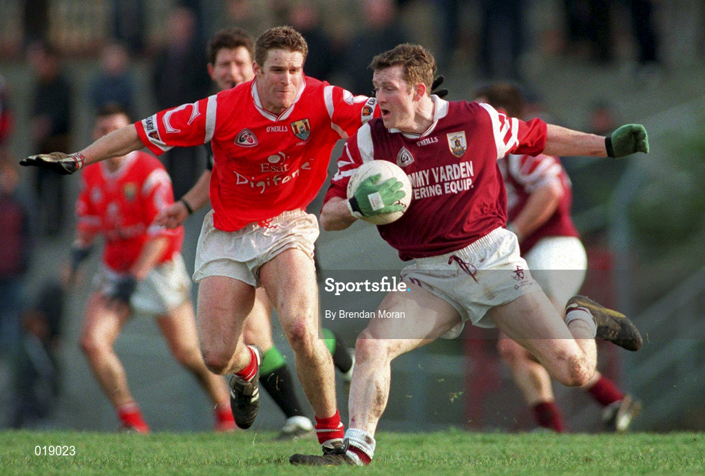 14 February 1999; Jarlath Fallon of Galway in action against Padraig O'Mahony of Cork during the Church & General National Football League Division 1 match between Cork and Galway at Páirc Uí Rinn in Cork. Photo by Brendan Moran/Sportsfile
