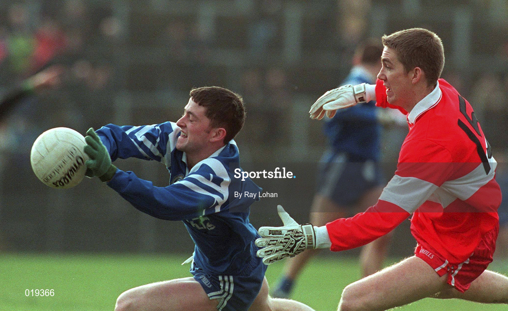 14 February 1999; Padraig McKenna of Monaghan in action against Joseph Cassidy of Derry during the Church and General National Football League Division 1 match between Derry and Monaghan at Celtic Park in Derry. Photo by Ray Lohan/Sportsfile