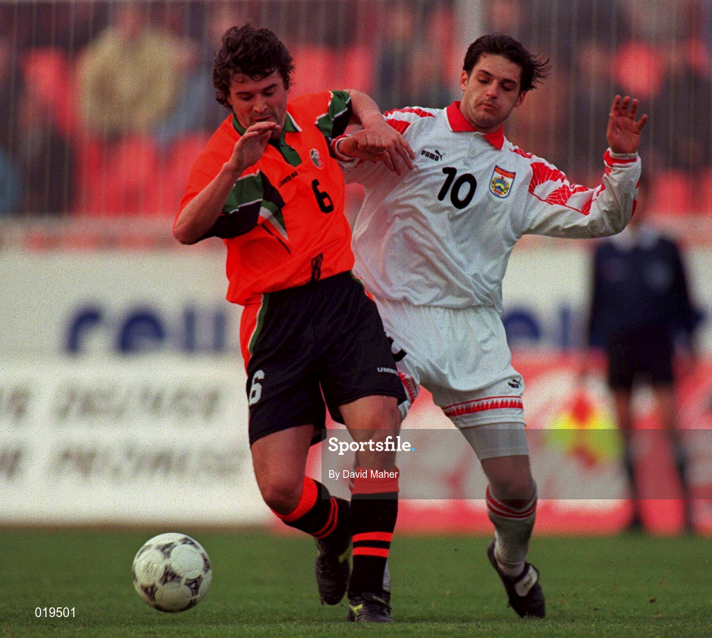 2 April 1997; Roy Keane of Republic of Ireland in action against Sainovski Dzevdet of Macedonia during the FIFA World Cup 1998 Group 8 Qualifying match between FYR Macedonia and Republic of Ireland at the City Stadium in Skopje, Macedonia. Photo by David Maher/Sportsfile