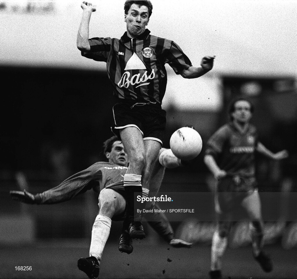 23 April 1992; Dave Tilson, Bohemians, in action against Fran Gavin, St James' Gate. FAI Cup Semi-Final Replay, Bohemians v St James' Gate, Dalymount Park, Dublin. Picture credit; David Maher / SPORTSFILE