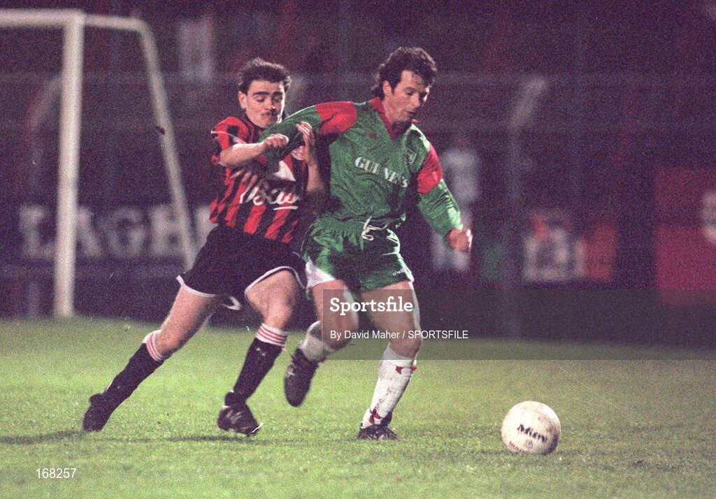 23 April 1992; Colm Seville, St James' Gate, in action against Lee King, Bohemians. FAI Cup Semi-Final Replay, Bohemians v St James' Gate, Dalymount Park, Dublin. Picture credit; David Maher / SPORTSFILE