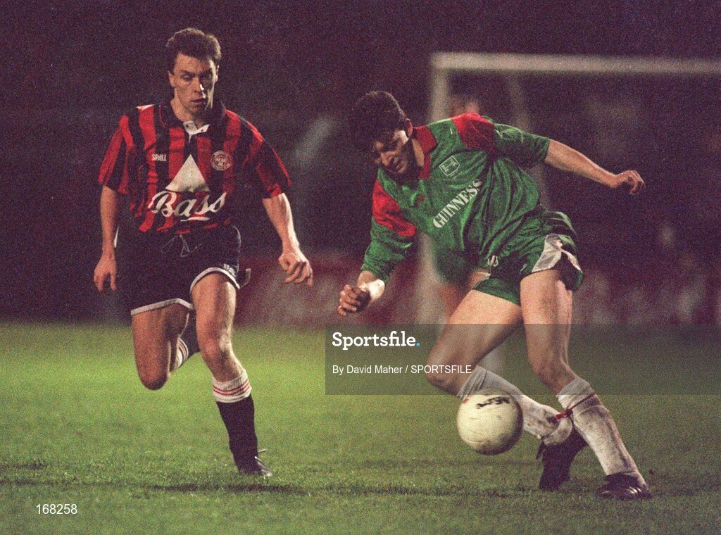 23 April 1992; Declan Reilly, St James' Gate, in action against Dave Tilson, Bohemians. FAI Cup Semi - Final Replay, Bohemians v St James' Gate. Dalymount Park, Dublin. Picture credit; David Maher / SPORTSFILE