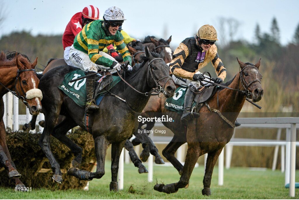 27 December 2013; Plinth, left, with Tony McCoy up, clears the last ahead of Ivan Grozny, with Ruby Walsh up, on their way to winning the The Paddy Power iPad App 3-Y-O Maiden Hurdle. Leopardstown Christmas Racing Festival 2013, Leopardstown Racetrack, Leopardstown, Co. Dublin. Picture credit: Barry Cregg / SPORTSFILE