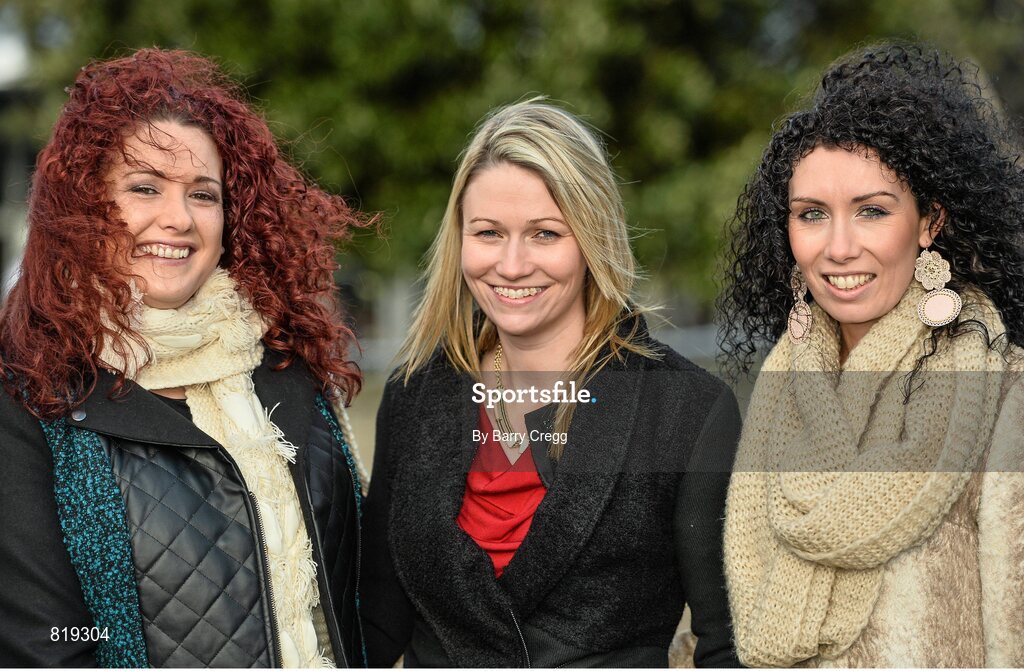 27 December 2013; Caitlín Murnin, left, Fiona Bannon and Caroline Bowe all from Trim, Co. Meath enjoying a day at the races. Leopardstown Christmas Racing Festival 2013, Leopardstown Racetrack, Leopardstown, Co. Dublin. Picture credit: Barry Cregg / SPORTSFILE