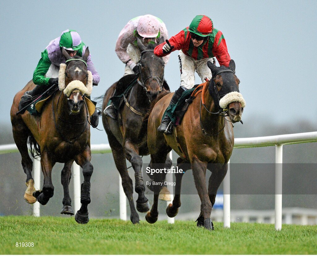 27 December 2013; Jockey Bryan Cooper celebrates on Benefficient, ahead of Arvika Ligeonniere, centre, with Ruby walsh up, and Hidden Cyclone, left, with Andrew McNamara up, as they cross the finishline to win the Paddy Power Dial-a-Bet Steeplechase. Leopardstown Christmas Racing Festival 2013, Leopardstown Racetrack, Leopardstown, Co. Dublin. Picture credit: Barry Cregg / SPORTSFILE