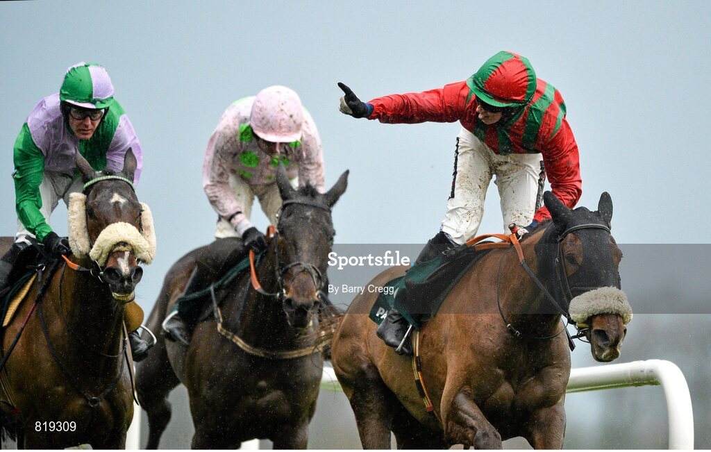 27 December 2013; Jockey Bryan Cooper celebrates on Benefficient, ahead of Arvika Ligeonniere, centre, with Ruby walsh up, and Hidden Cyclone, left, with Andrew McNamara up, as they cross the finishline to win the Paddy Power Dial-a-Bet Steeplechase. Leopardstown Christmas Racing Festival 2013, Leopardstown Racetrack, Leopardstown, Co. Dublin. Picture credit: Barry Cregg / SPORTSFILE