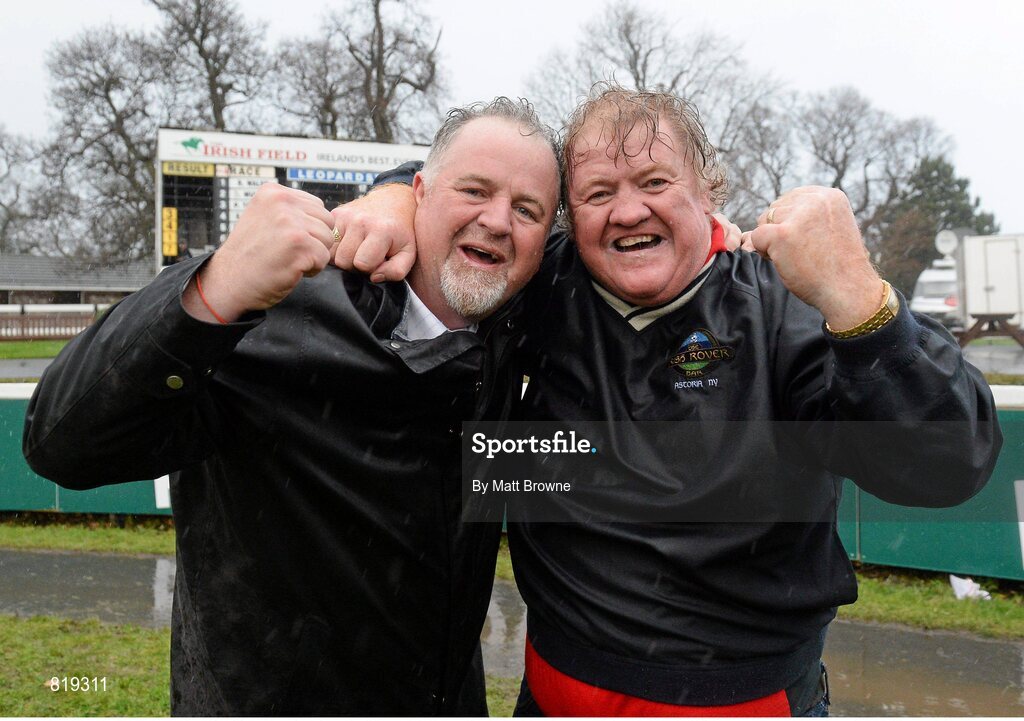 27 December 2013; Niall Reilly, left, and Aidan Shields celebrate after their horse Benefficient won the Paddy Power Dial-a-Bet Steeplechase. Leopardstown Christmas Racing Festival 2013, Leopardstown Racetrack, Leopardstown, Co. Dublin. Picture credit: Matt Browne / SPORTSFILE
