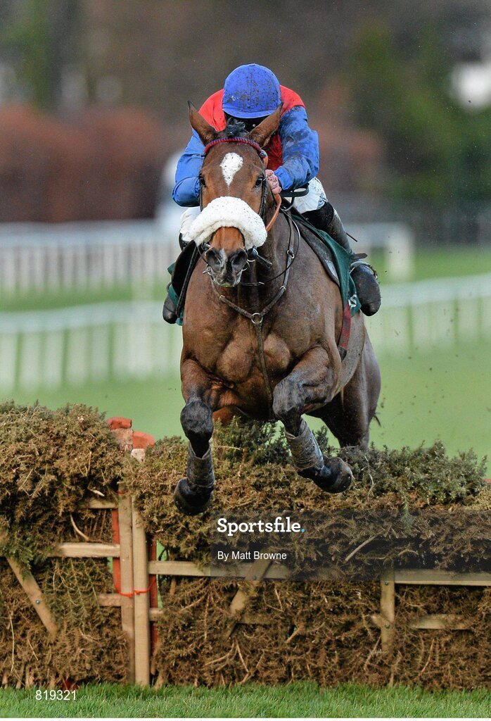 27 December 2013; Double Irish, with Davy Russell up, clears the last on their way to winning the Paddy Power Maiden Hurdle. Leopardstown Christmas Racing Festival 2013, Leopardstown Racetrack, Leopardstown, Co. Dublin. Picture credit: Matt Browne / SPORTSFILE