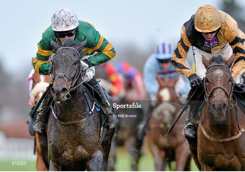 27 December 2013; Plinth, left, with Tony McCoy up, on their way to winning the The Paddy Power iPad App 3-Y-O Maiden Hurdle from second place Ivan Grozny, right, with Ruby Walsh. Leopardstown Christmas Racing Festival 2013, Leopardstown Racetrack, Leopardstown, Co. Dublin. Picture credit: Matt Browne / SPORTSFILE