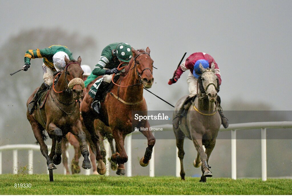 27 December 2013; Rockyaboya, centre, with Ruby Walsh up, wins the Paddy Power Steeplechase from second place Cause of Causes, left, with Tony McCoy. Leopardstown Christmas Racing Festival 2013, Leopardstown Racetrack, Leopardstown, Co. Dublin. Picture credit: Matt Browne / SPORTSFILE