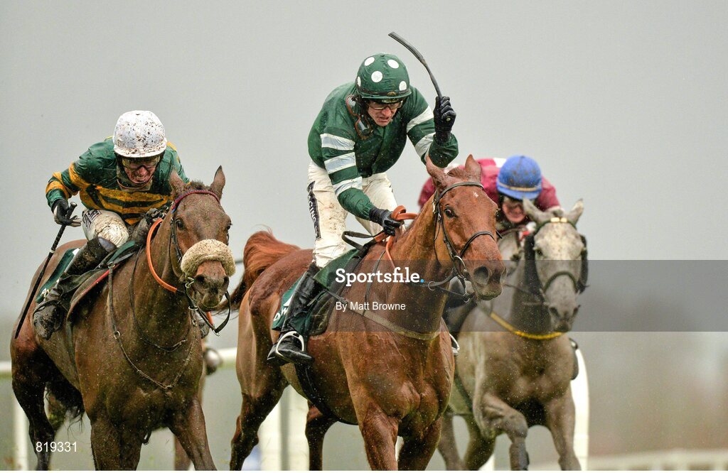 27 December 2013; Ruby Walsh on Rockyaboya, celebrates after winning the Paddy Power Steeplechase from second place Cause of Causes, left, with Tony McCoy. Leopardstown Christmas Racing Festival 2013, Leopardstown Racetrack, Leopardstown, Co. Dublin. Picture credit: Matt Browne / SPORTSFILE