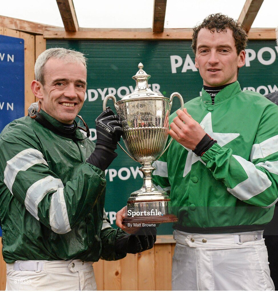 27 December 2013; Jocker, Ruby Walsh, left, and Owner of Rockyaboya Patrick Mullins with the Paddy Power Steeplechase Cup. Leopardstown Christmas Racing Festival 2013, Leopardstown Racetrack, Leopardstown, Co. Dublin. Picture credit: Matt Browne / SPORTSFILE