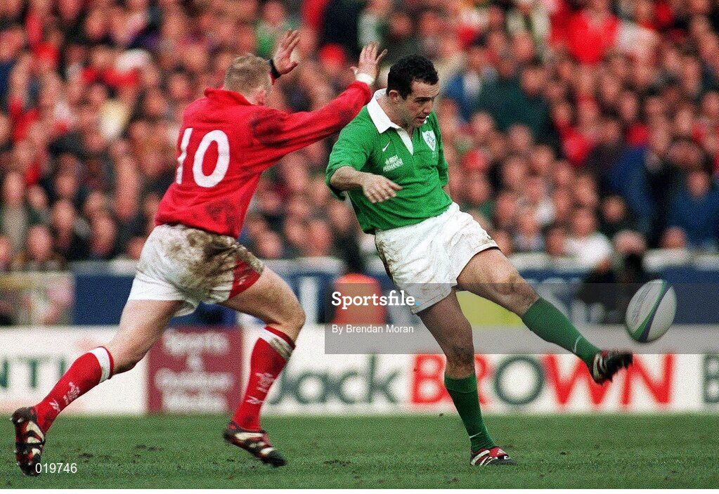 20 February 1999; Conor O'Shea, Ireland, under pressure from Neil Jenkins, Wales. Five Nations Rugby Championship, Ireland v Wales, Wembley Stadium, London, England. Picture credit: Brendan Moran / SPORTSFILE