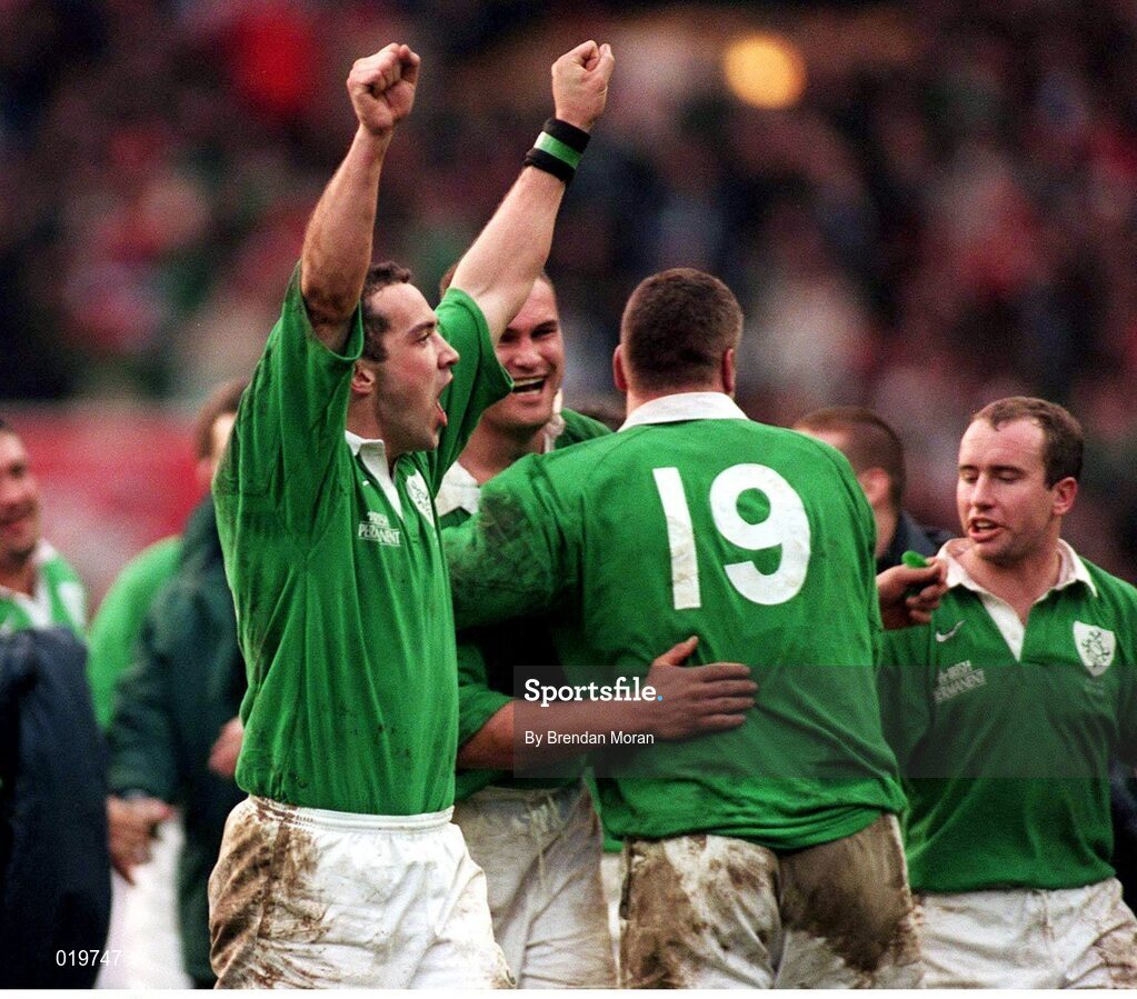 20 February 1999; Ireland 's Conor O'Shea celebrates victory over Wales at the final whistle. Five Nations Rugby Championship, Ireland v Wales, Wembley Stadium, London, England. Picture credit: Brendan Moran / SPORTSFILE