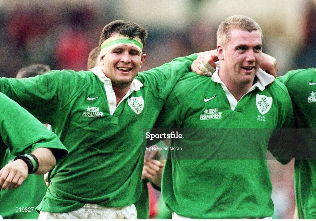 20 February 1999; Dion O'Cuinneagain and Victor Costello celebrate Ireland's victory. Five Nations Rugby Championship, Ireland v Wales, Wembley Stadium, London, England. Picture credit: Brendan Moran / SPORTSFILE