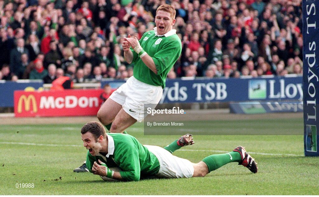 20 February 1999; Ireland 's Kevin Maggs goes over the line to score his sides first try with Jonathan Bell in support. Five Nations Rugby Championship, Ireland v Wales, Wembley Stadium, London, England. Picture credit: Brendan Moran / SPORTSFILE