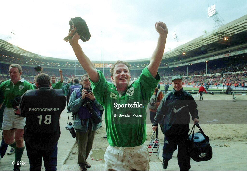 20 February 1999; Ireland 's David Humphreys celebrates victory over Wales at the final whistle. Five Nations Rugby Championship, Ireland v Wales, Wembley Stadium, London, England. Picture credit: Brendan Moran / SPORTSFILE