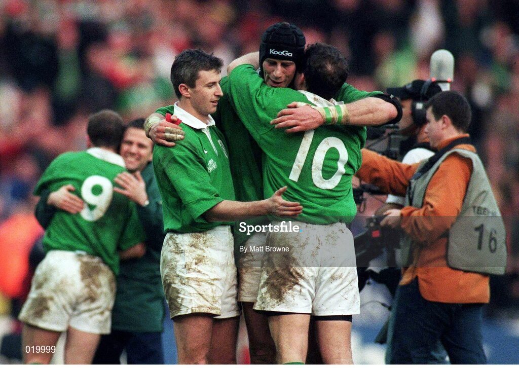 20 February 1999; Niall Woods, Paddy Johns and David Humphreys celebrate at the final whistle. Five Nations Rugby Championship, Ireland v Wales, Wembley Stadium, London, England. Picture credit: Matt Browne / SPORTSFILE