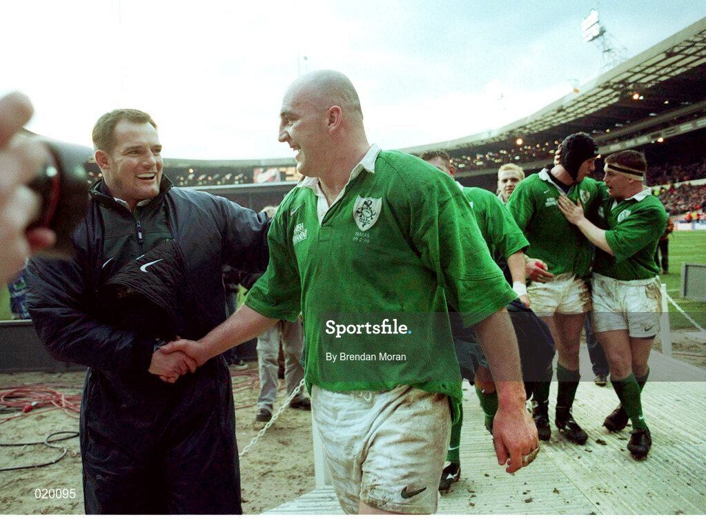 20 February 1999; Keith Wood, Ireland, is congratulated by Ross Nesdale as Paddy Johns & Paul Wallace celebrate victory over Wales at the final whistle. Five Nations Rugby Championship, Ireland v Wales, Wembley Stadium, London, England. Picture credit: Brendan Moran / SPORTSFILE