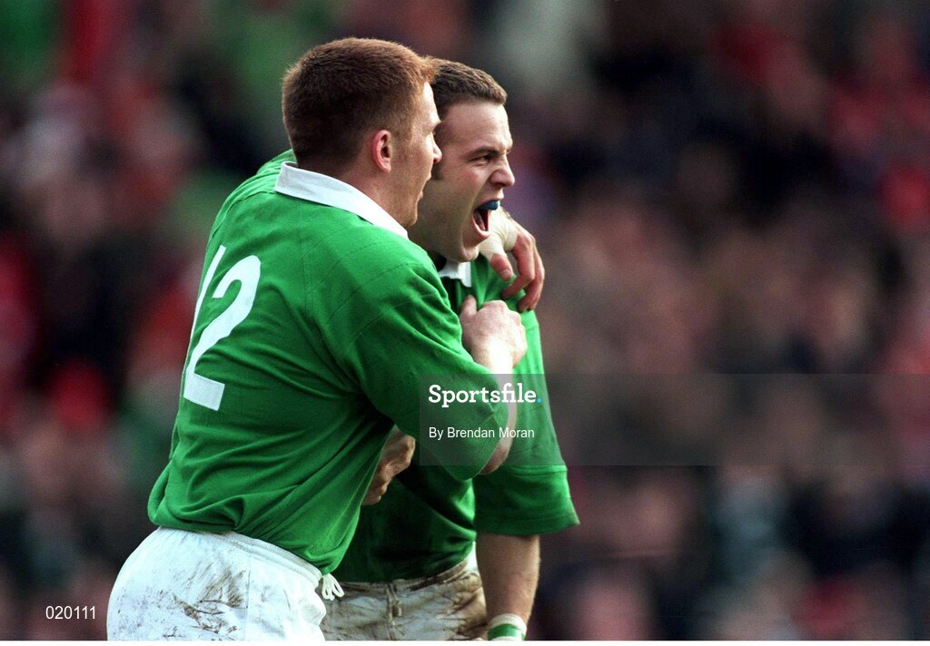 20 February 1999; Ireland 's Kevin Maggs, right, celebrates scoring his try team-mate with Jonathan Bell (12). Five Nations Rugby Championship, Ireland v Wales, Wembley Stadium, London, England. Picture credit: Brendan Moran / SPORTSFILE