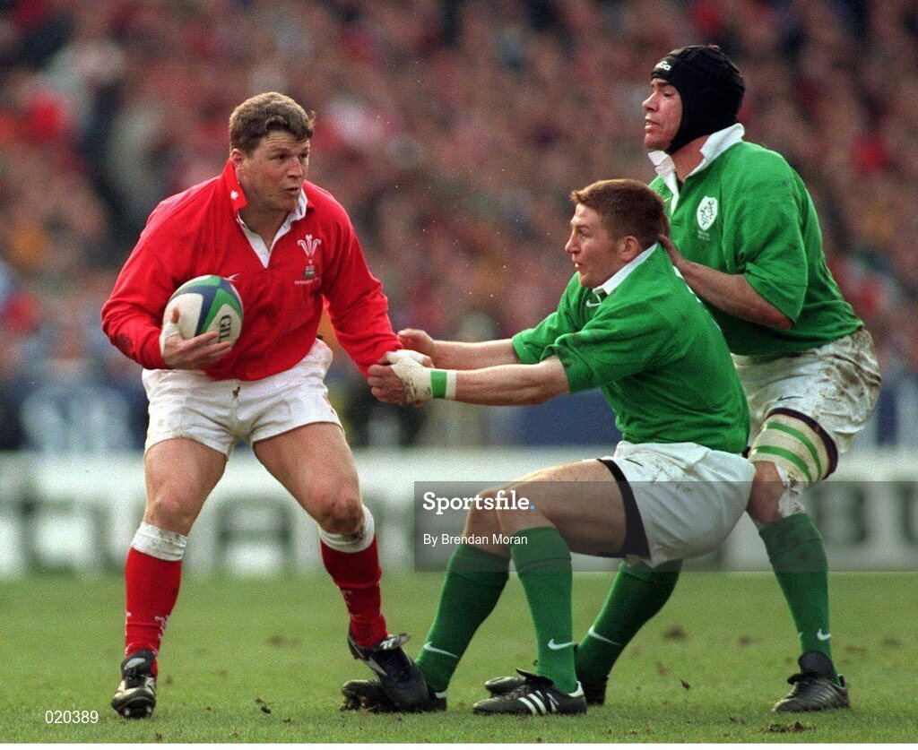 20 February 1999; Jonathan Bell and Andy Ward, Ireland, in action against Scott Gibbs, Wales. Five Nations Rugby Championship, Ireland v Wales, Wembley Stadium, London, England. Picture credit: Brendan Moran / SPORTSFILE