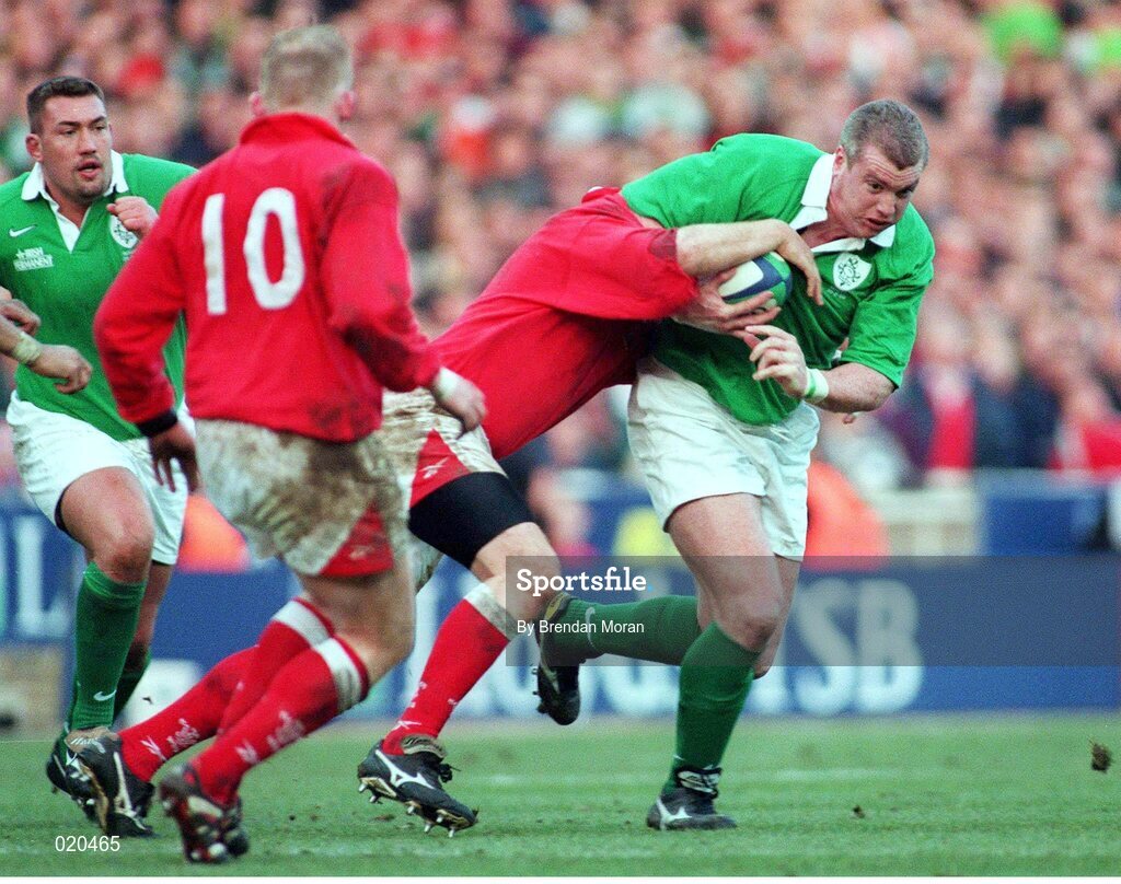 20 February 1999; Victor Costello, Ireland, is tackled by Martyn Williams, Wales. Five Nations Rugby Championship, Ireland v Wales, Wembley Stadium, London, England. Picture credit: Brendan Moran / SPORTSFILE