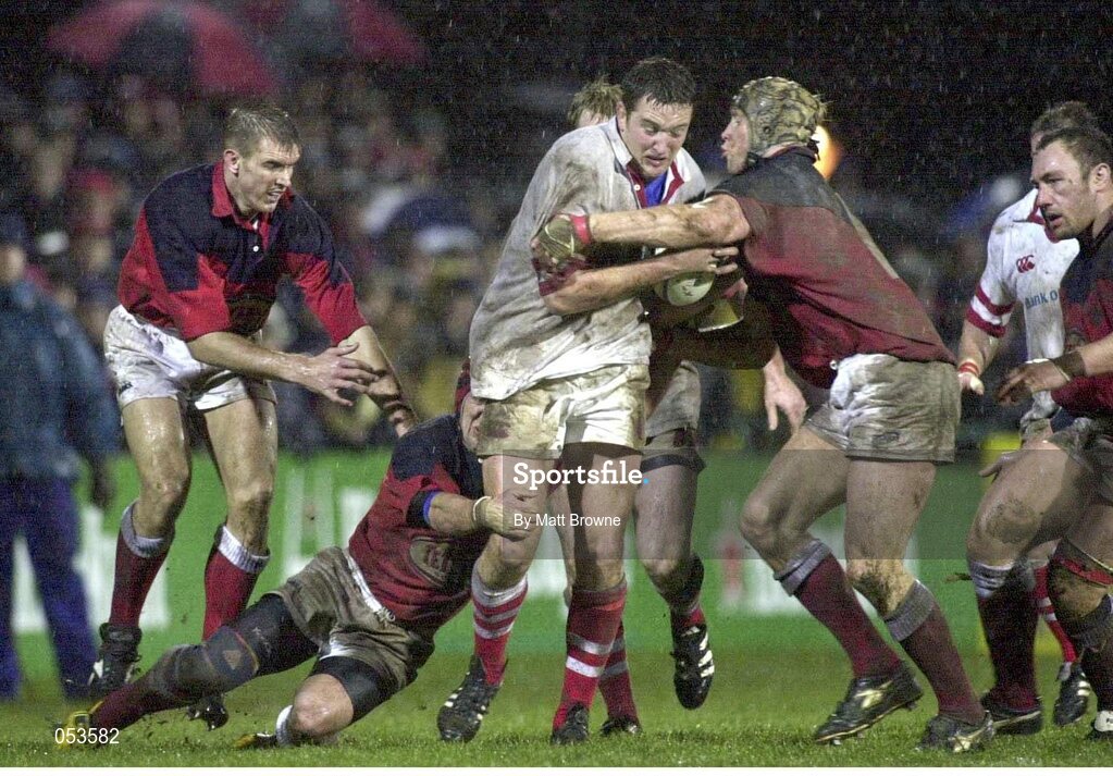 10 December 1999; Mark Blair, Ulster, is tackled by Daffyd James (left) and Simon Easterby, Llanelli. Heineken European Cup, Ulster v Llanelli, Ravenhill, Belfast, Co. Antrim. Picture credit: Matt Browne / SPORTSFILE