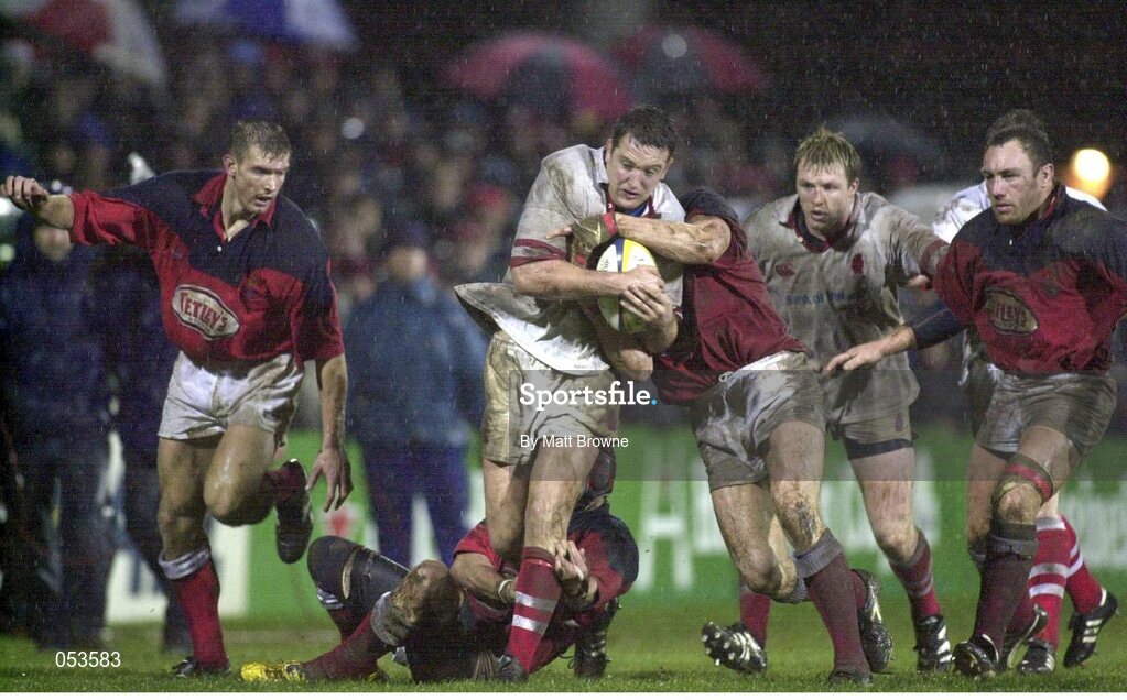 10 December 1999; Mark Blair, Ulster, is tackled by Daffyd James (left) and Simon Easterby, Llanelli. Heineken European Cup, Ulster v Llanelli, Ravenhill, Belfast, Co. Antrim. Picture credit: Matt Browne / SPORTSFILE