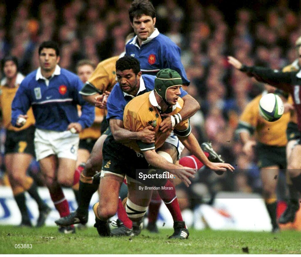 6 November 1999; Matt Cockbain, Australia, in action against Emile N'Tamack, France. 1999 Rugby World Cup Final, Australia v France, Millennium Stadium, Cardiff, Wales. Picture credit: Brendan Moran / SPORTSFILE