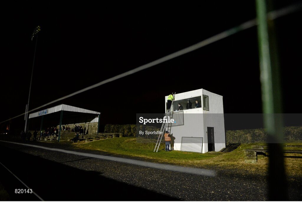 4 January 2014; Glass protective barriers are taken down from the press box before the game. Bord na Mona O'Byrne Cup, Group D, Round 1, Louth v DCU, Páirc Séamus Mhic hEochaidh, Haggardstown, Co Louth. Photo by Sportsfile