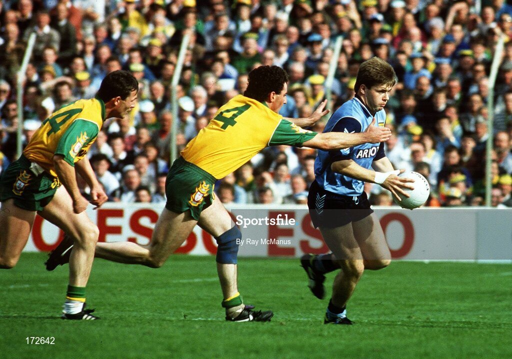 9 May 1993; Dessie Farrell of Dublin in action against Barry McGowan, right, and John Duffy of Donegal during the Royal Liver Assurance National Football League Final match between Dublin and Donegal at Croke Park, Dublin. Photo by Ray McManus/Sportsfile
