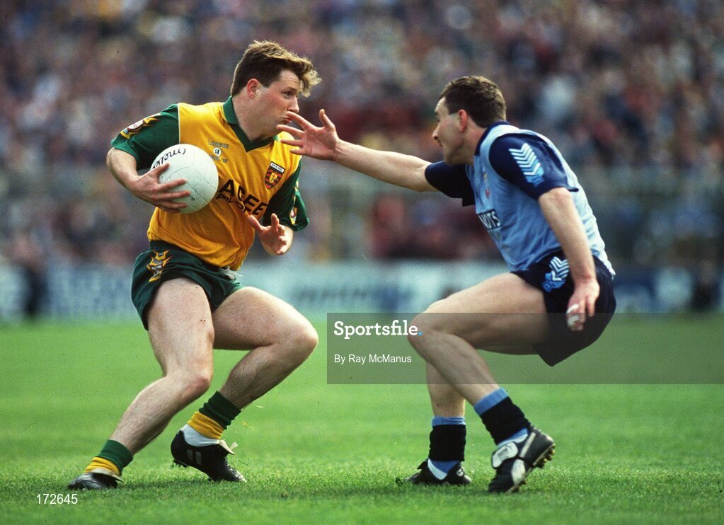 9 May 1993; Manus Boyle of Donagal in action against Ciaran Walsh of Dublin during the Royal Liver Assurance National Football League Final match between Dublin and Donegal at Croke Park, Dublin. Photo by Ray McManus/Sportsfile