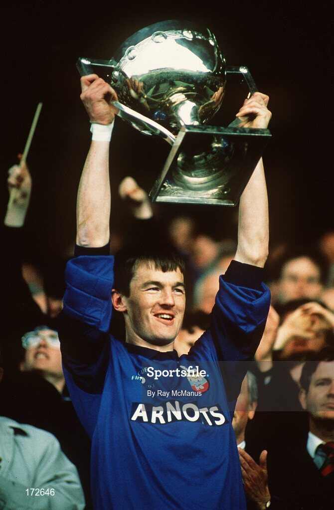 9 May 1993; Dublin captain John O'Leary lifts the cup after their side's victory in the Royal Liver Assurance National Football League Final Replay match between Dublin and Donegal at Croke Park, Dublin. Photo by Ray McManus/Sportsfile
