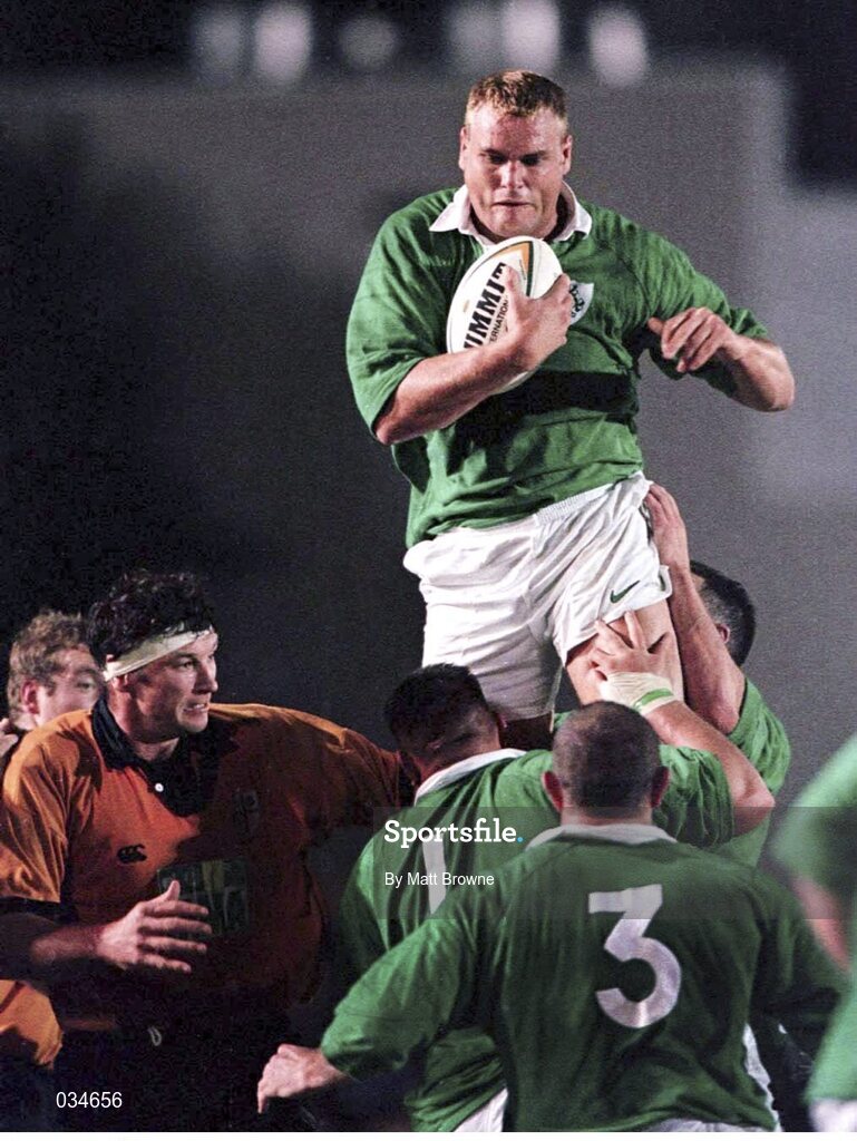 31 May 1999; Jeremy Davidson, Ireland, takes the ball during the lineout. NSW Country Cockatoos. 1999 Australia Tour, New South Wales Country Cockatoos v Ireland, Woy Woy Oval, New South Wales, Australia. Picture credit: Matt Browne / SPORTSFILE