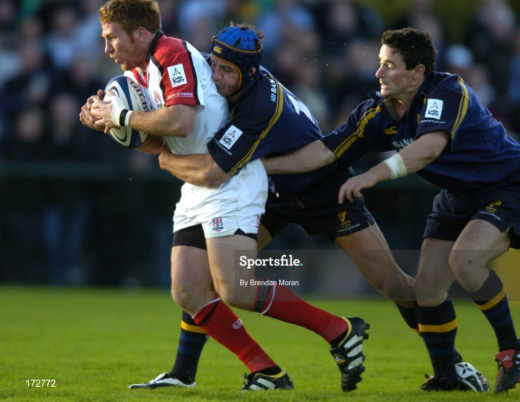 11 September 2004; Jonathan Bell, Ulster, in action against David Quinlan, centre, and Brian O'Meara, Leinster. Celtic League 2004-2005, Ulster v Leinster, Ravenhill Park, Belfast. Picture credit; Brendan Moran / SPORTSFILE
